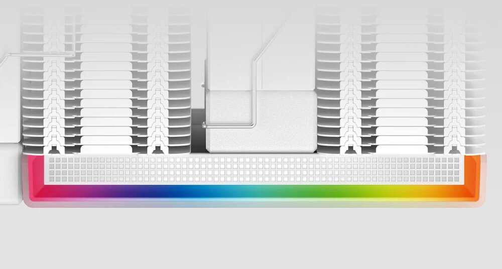 Chłodzenie CPU DEEPCOOL AK620 Digital Pro Detal bocznej krawędzi górnego panelu z widoczną fakturą drobnej siatki oraz liniowym podświetleniem ARGB, które prezentuje płynne przejście kolorów od żółtego, przez zielony i niebieski, aż po czerwony
