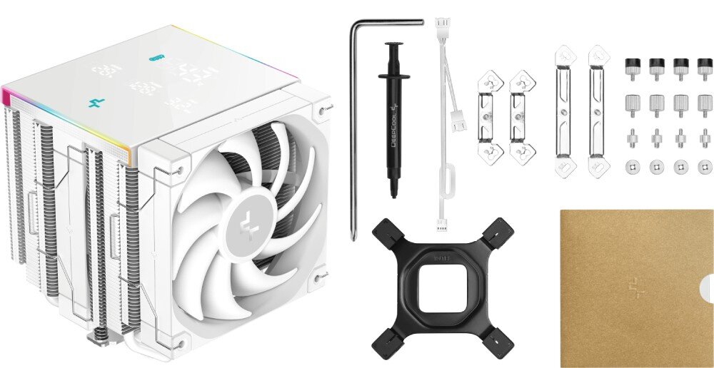 Chłodzenie CPU DEEPCOOL AK620 Digital Pro Zestawienie wszystkich elementów produktu, w tym dwuwieżowego chłodzenia z ekranem, tubki pasty termoprzewodzącej, metalowego klucza montażowego, czarnego rozdzielacza do wentylatorów oraz kompletu ramek i śrub montażowych do podstawek Intel oraz AMD ułożonych na białym tle obok brązowego pudełka akcesoryjnego