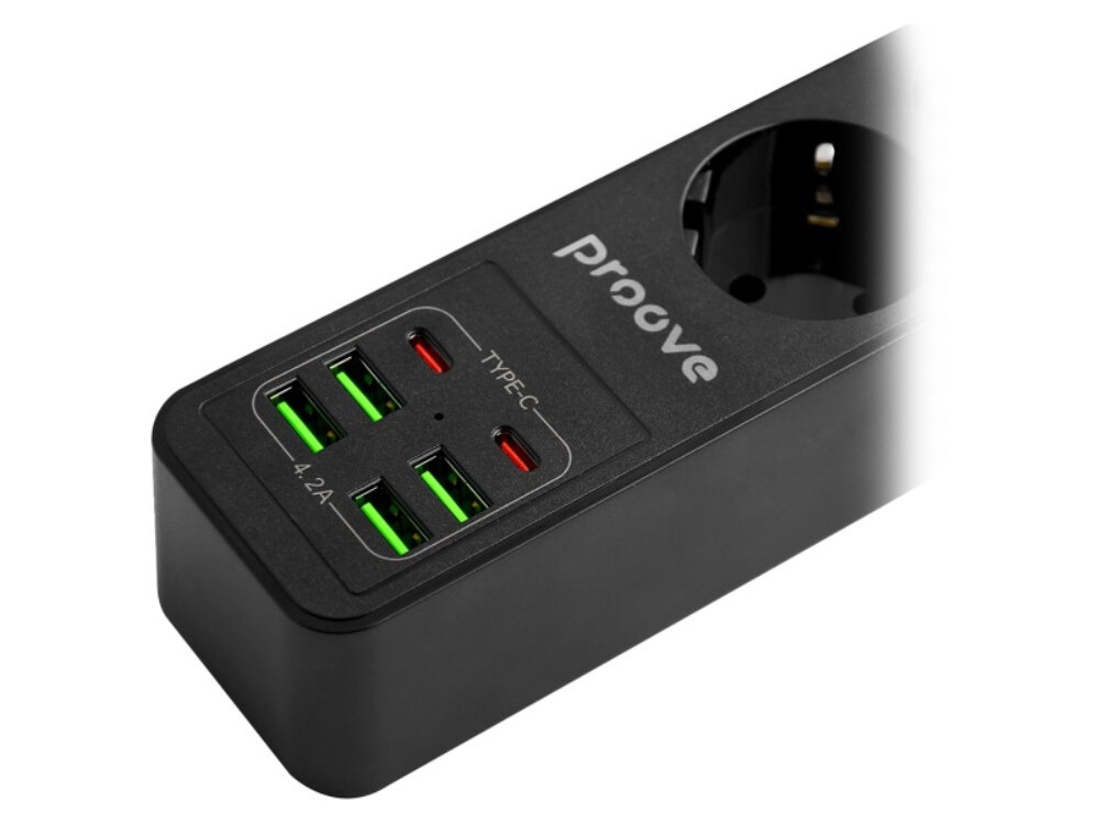 Listwa zasilająca Proove 2500W Power Socket P-03
zbliżenie na porty, przycisk zasilania i gniazdo
ognioodporne zabezpieczenia ochrona moc ładowanie
