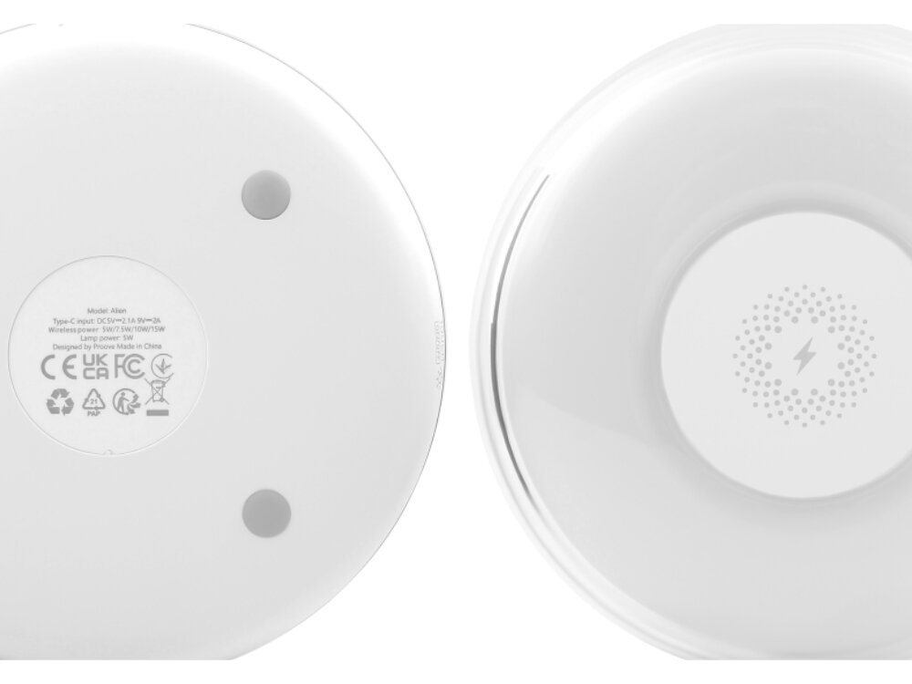 Lampka PROOVE Alien LED RGB 
            spód i góra lampki moduł qi ładowanie bezprzewodowe 15 W ładowanie smartfona wbudowana bateria czas pracy kompaktowe wymiary