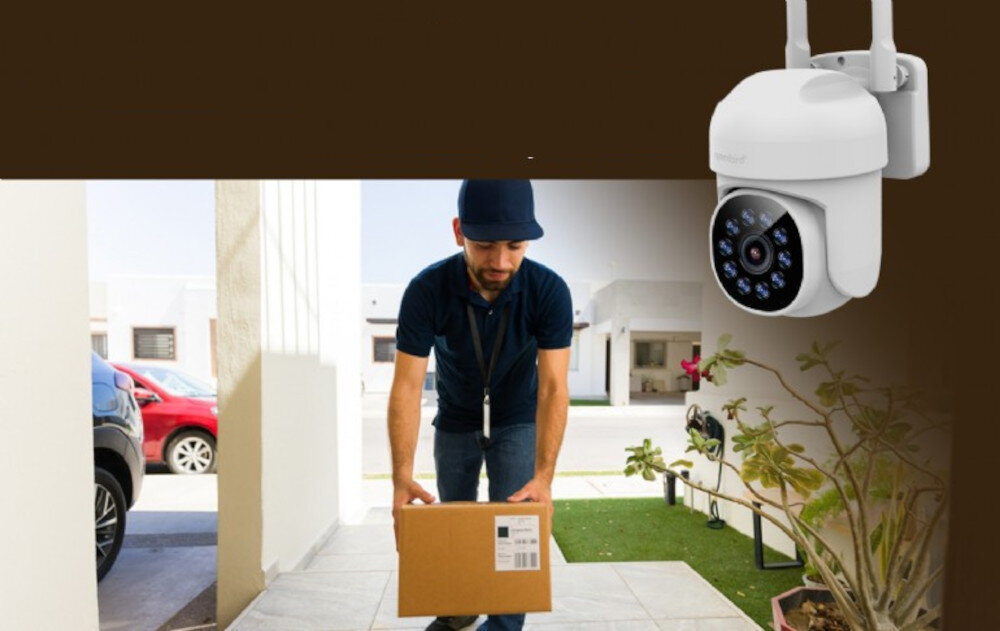 Kamera GEMBIRD TSL-ODCAM-WRHD-01 monitoring zewnętrzny QHD, kamera po skosie, osoba kładąca paczkę pod drzwiami