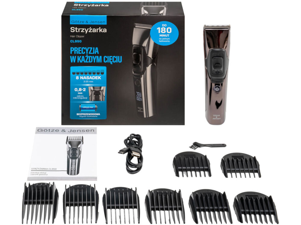 Strzyżarka GÖTZE & JENSEN CL950 Zestaw strzyżarki Götze & Jensen CL950: opakowanie, urządzenie, 8 nasadek, kabel ładowania, pędzelek i instrukcja.