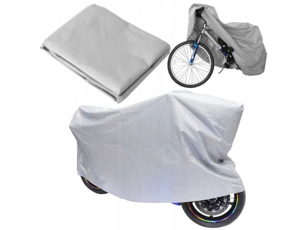 Pokrowiec na rower EXTRALINK 14046 motocykl i rower okryte pokrowcami obok złożony pokrowiec białe tło dodatkowa warstwa zabezpieczająca przed promieniowaniem UV chroni lakier przed blaknięciem i utratą połysku przedłuża estetykę roweru zmniejsza potrzebę późniejszych napraw lakieru