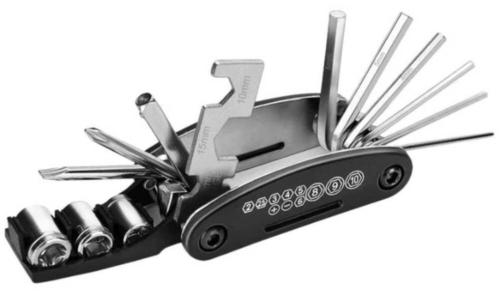 Klucz rowerowy EXTRALINK 14300 otwarty klucz na białym tle widok lekko pod skosem klucz rowerowy typu multitool do szybkich naprawach i regulacjach roweru dokręcanie śrub, centrowanie kół i bieżące korekty ustawień praktyczne wsparcie