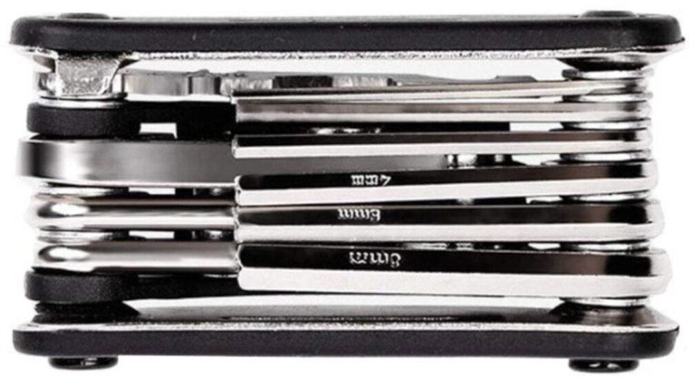 Klucz rowerowy EXTRALINK 14300 złożony klucz na białym tle widok z góry 16 narzędzi podstawowych napraw rowerowych klucze imbusowe, nasadowe, płaskie oraz śrubokręty