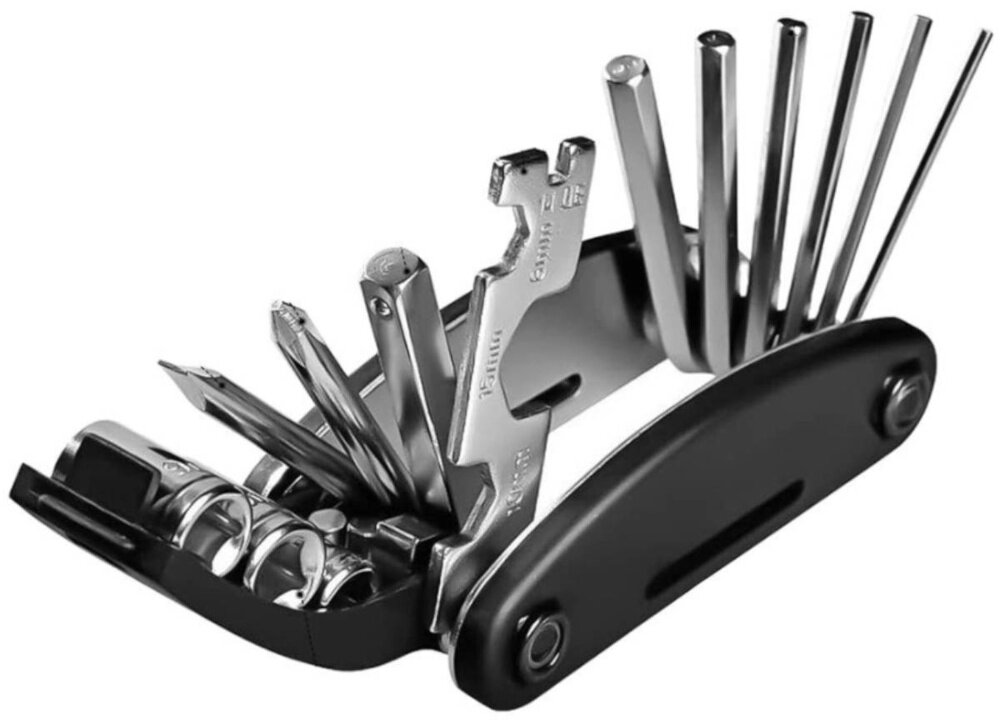 Klucz rowerowy EXTRALINK 14300 otwarty klucz na białym tle widok lekko pod skosem klucze imbusowe 2 mm, 2,5 mm, 3 mm, 4 mm, 5 mm i 6 mm klucze nasadowe 8 mm, 9 mm i 10 mm z przedłużką można regulować mostek, siodełko, hamulce czy przerzutki kompatybilność z większością rowerów