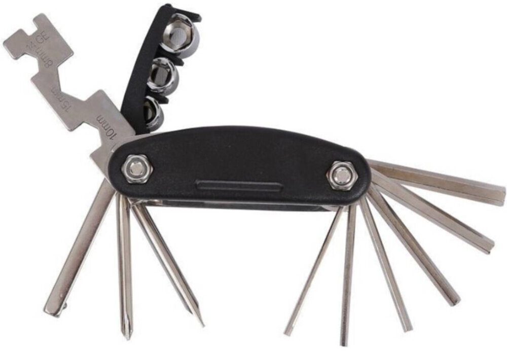 Klucz rowerowy EXTRALINK 14300 otwarty klucz na białym tle widok z boku klucze płaskie 8 mm, 10 mm i 15 mm klucz do szprych 14GE sprawna regulacja kół i drobne korekty w terenie bezpieczeństwo