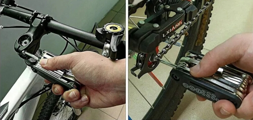 Klucz rowerowy EXTRALINK 14300 dwa zdjęcia obok siebie osoba używa śrubokrętów przy kierownicy i przerzutce śrubokręt krzyżowy i płaski regulacja drobnych elementów osprzętu oszczędność czasu i samodzielność