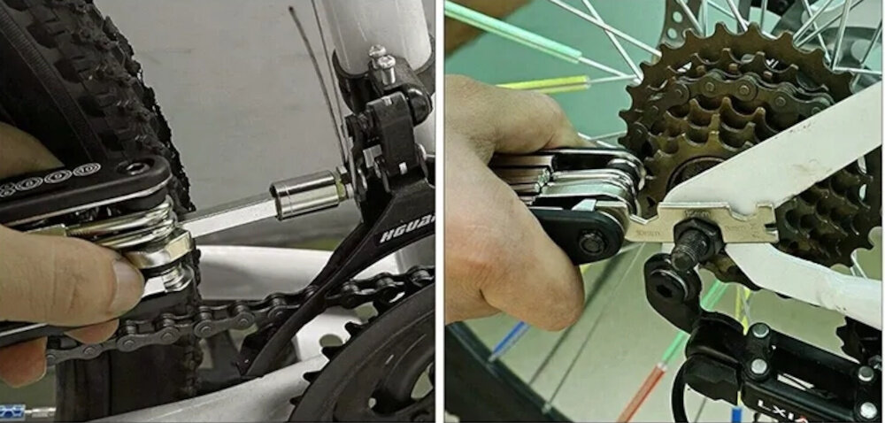 Klucz rowerowy EXTRALINK 14300 dwa zdjęcia obok siebie osoba używa kluczy przy przerzutkach i ramie z wysokiej jakości stali odporność na odkształcenia i długa żywotność stabilne przenoszenie siły podczas dokręcania śrub trwałość konstrukcji