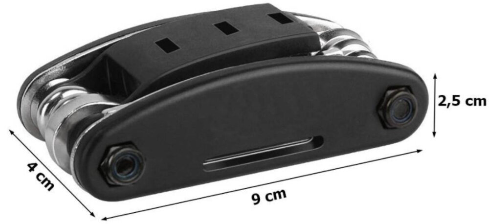 Klucz rowerowy EXTRALINK 14300 złożony klucz na białym tle wokół podane rozmiary forma scyzoryka wymiary 4 x 9 x 2,5 cm mieści się w kieszeni chroni końcówki przed uszkodzeniem i przypadkowym zaczepieniem