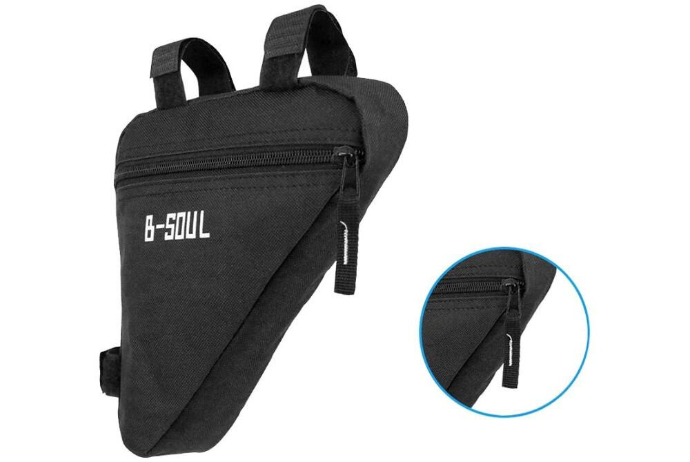 Torba rowerowa na ramę EXTRALINK 14327 torba na białym tle widoczna od przodu obok w kółku zbliżenie na zamek pojemność około 0,9 l Kieszonka zapinana na zamek przemyślany układ wnętrza