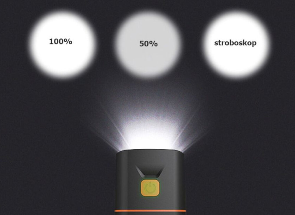 Zestaw lampek rowerowych EXTRALINK 08329 ciemne tło przednia lampka świeci w kołkach pokazane tryby pracy przednia lampka oferuje tryby 100% mocy 50% mocy stroboskop tylna: stały, podwójny pulsacyjny i stroboskop oświetlenie wspiera bezpieczną jazdę
