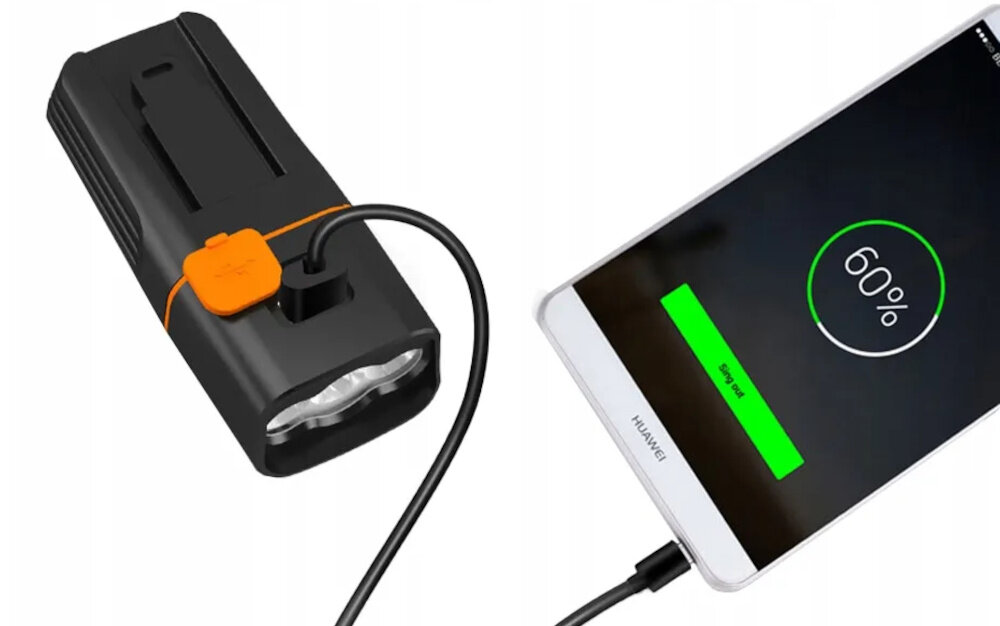 Zestaw lampek rowerowych EXTRALINK 08329 białe tło przednia lampka podłączona do telefonu za pomocą kabla wbudowane akumulatory ładowane przez micro-USB gumowa zaślepka chroni port przed wilgocią i zabrudzeniami funkcja powerbanku