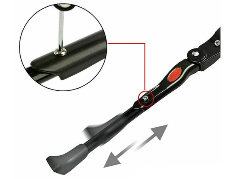 Stopka do roweru EXTRALINK 14408 stopka na białym tle zbliżenie na śrubkę do regulacji regulowana długość łatwo dopasować stopkę do rowerów z kołami w rozmiarze od 24 do 29 cali lepsza stabilność precyzyjne dopasowanie zmniejsza ryzyko przewrócenia się roweru