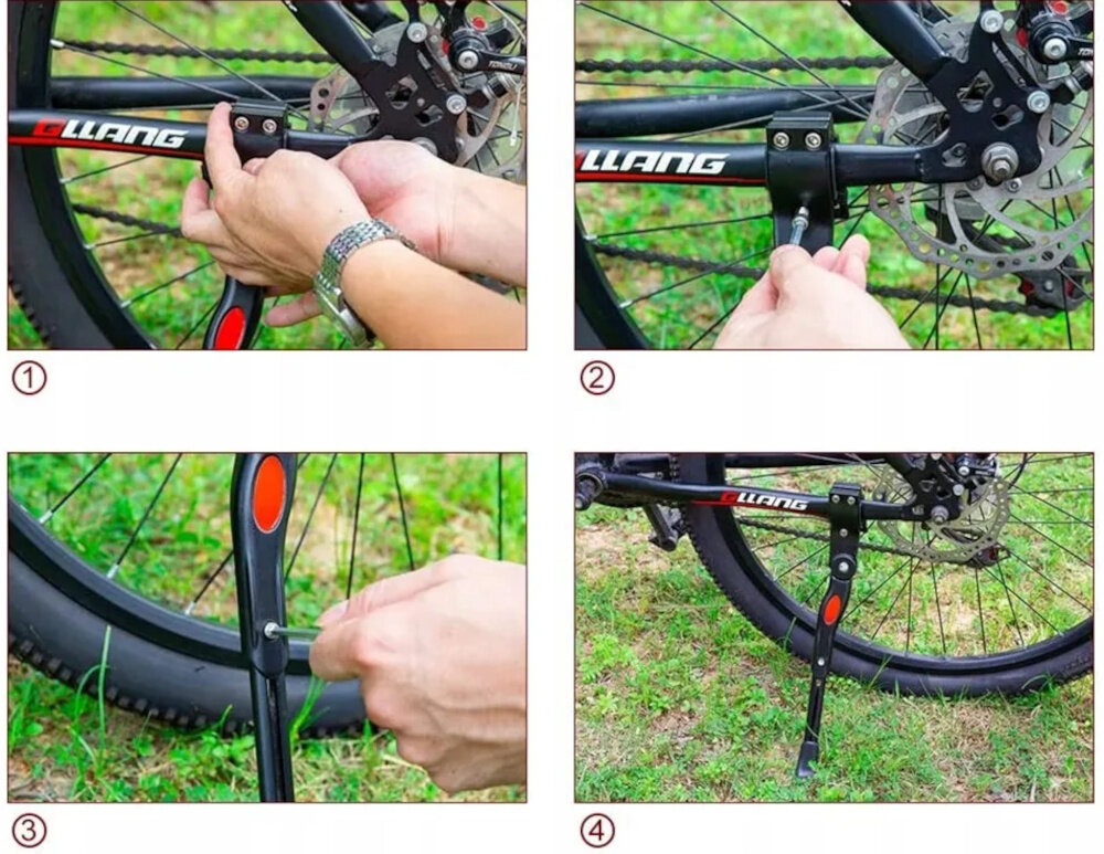 Stopka do roweru EXTRALINK 14408 cztery zdjęcia pokazujące system montażu montaż na tylnej rurze ramy kompatybilna z większością typów rowerów instalacja jest intuicyjna przymocować element do ramy i wyregulować wysokość za pomocą mechanizmu ze sprężyną antypoślizgowa końcówka