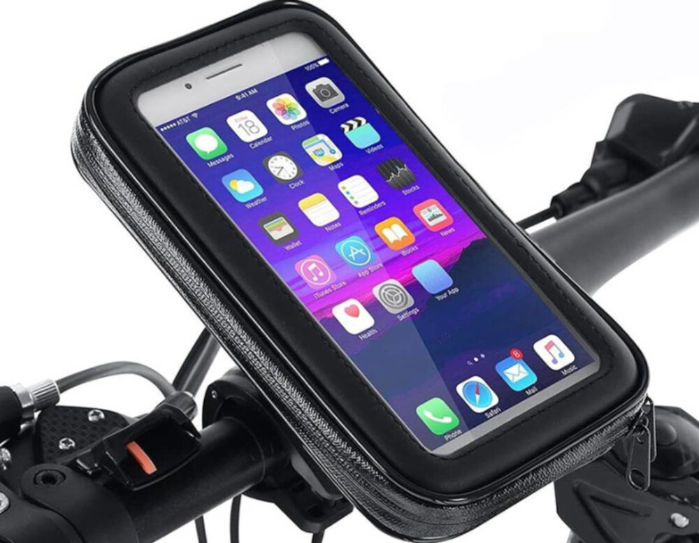 Uchwyt na telefon do roweru EXTRALINK 14505 białe tło tło uchwyt umieszczony na kierownicy rowerowej stabilność telefonu wygoda bezpieczeństwo sprzętu