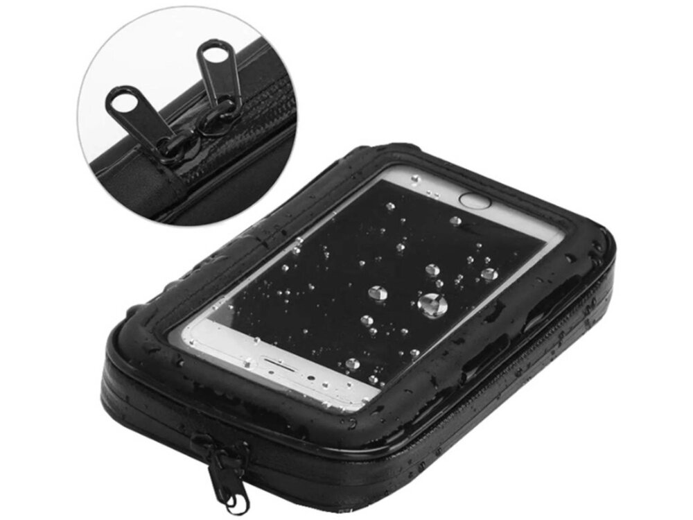 Uchwyt na telefon do roweru EXTRALINK 14505 białe tło uchwyt zachlapany wodą obok zdjęcie ze zbliżeniem na zamek zamykana na zamek błyskawiczny wodoodporna osłona ochrona przed deszczem, błotem i wilgocią szczelna konstrukcja chroni ekran i obudowę przed zachlapaniem zwiększa swobodę planowania trasy