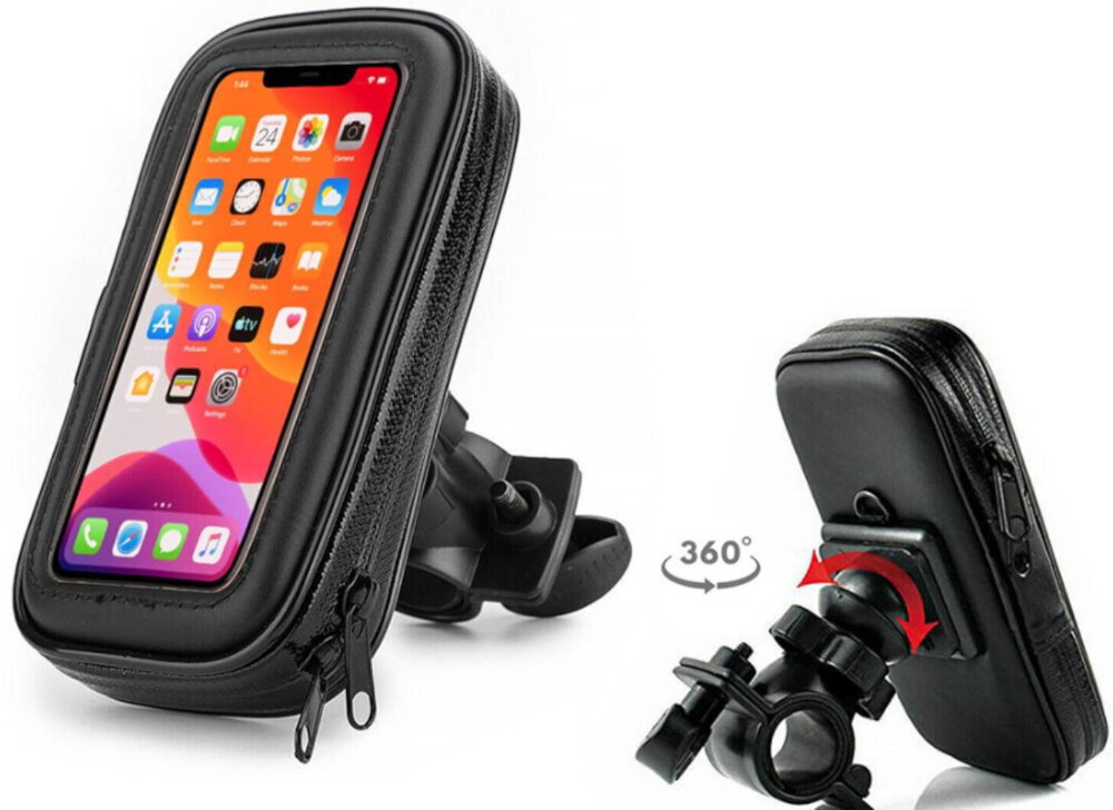 Uchwyt na telefon do roweru EXTRALINK 14505 uchwyt w dwóch ujęciach od przodu i od tyłu czerwona strzałka pokazująca możliwość obrotu obrotowy mechanizm 360° pozwala ustawić telefon w pionie lub poziomie łatwa zmiana kąta widzenia swoboda regulacji ekran jest czytelny