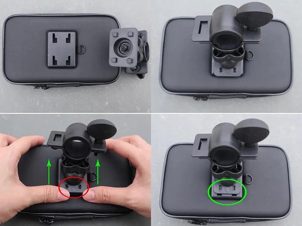 Uchwyt na telefon do roweru EXTRALINK 14505 cztery zdjęcia pokazujące mechanizm montażu adapteru pasuje do telefonów o maksymalnych wymiarach 17 cm x 9 cm adapter do różnych średnic kierownicy stabilne mocowanie ogranicza przesuwanie się urządzenia