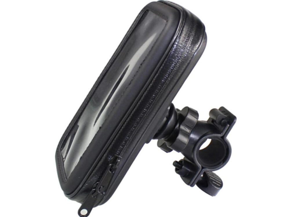 Uchwyt na telefon do roweru EXTRALINK 14505 uchwyt na białym tle widoczny z boku solidna konstrukcja odporne na wstrząsy materiały montaż na kierownicy jest szybki i nie wymaga specjalistycznych narzędzi wymiary 18,5 x 11 cm mocne zapięcie