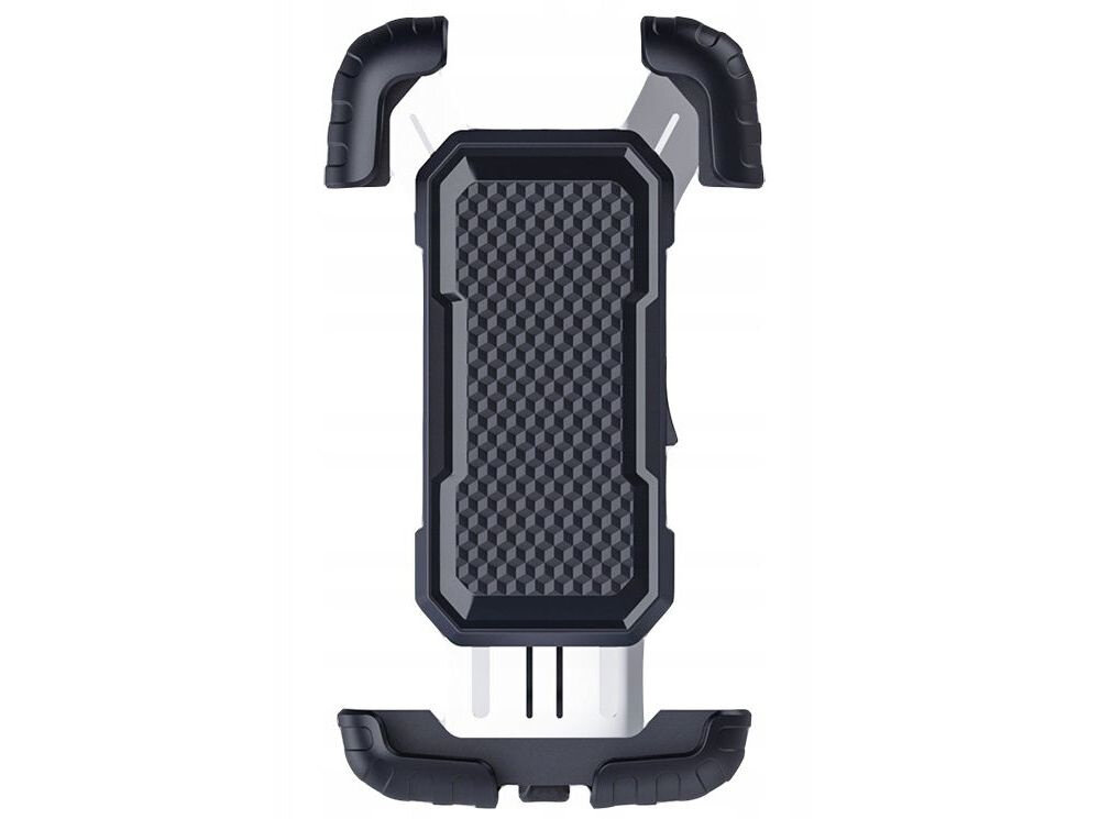 Uchwyt na telefon do roweru EXTRALINK 14502 uchwyt na białym tle widoczny od przodu umożliwia łatwe i bezpieczne zamocowanie smartfona na kierownicy ekran pozostaje w zasięgu wzroku realne wsparcie