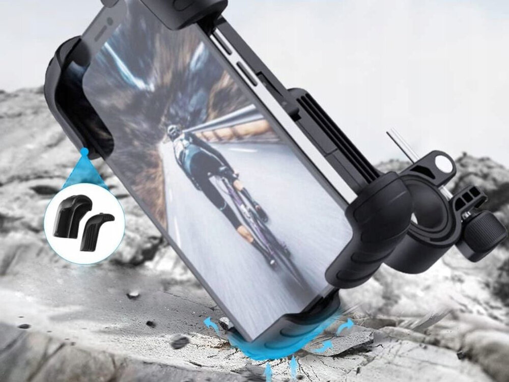 Uchwyt na telefon do roweru EXTRALINK 14502 uchwyt z telefonem uderza o kamienne podłoże symulacja wstrząsu anty-wstrząsowa konstrukcja chroni telefon przed drganiami i wibracjami solidne elementy mocujące stabilizują urządzenie