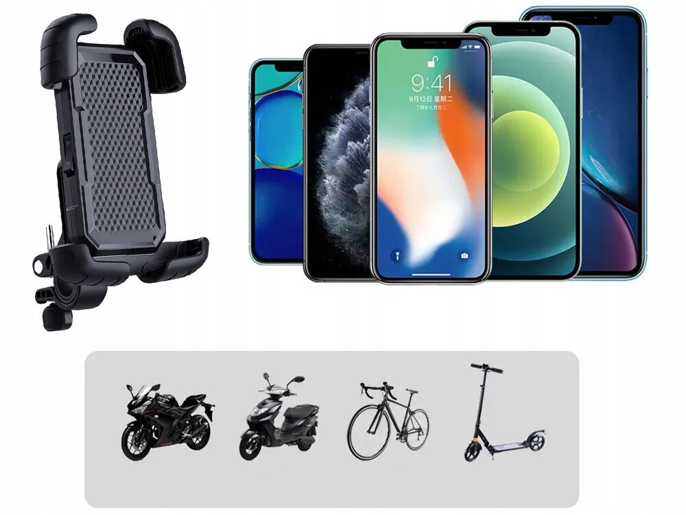 Uchwyt na telefon do roweru EXTRALINK 14502 uchwyt na białym tle widoczny od przodu pod skosem obok kilka rodzajów telefonu poniżej zdjęcia motocykla skutera roweru i hulajnogi pasuje do różnych modeli telefonów o maksymalnych wymiarach 17 cm x 8,5 cm elastyczne elementy mocujące stabilne trzymanie bez luzów montaż na kierownicach o różnych średnicach