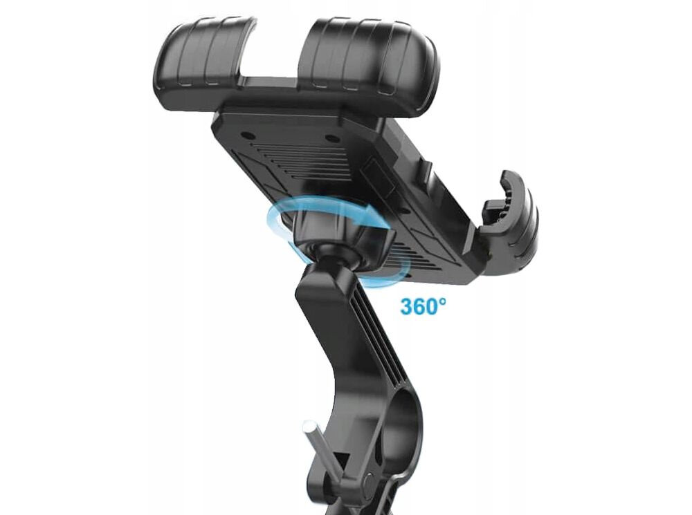 Uchwyt na telefon do roweru EXTRALINK 14502 uchwyt przymocowany do kierownicy widoczny od tyłu niebiska strzałka pokazująca możliwość obrotu napis 360° możliwość obrotu o 360° można ustawić ekran w pionie lub poziomie szybki i prosty montaż