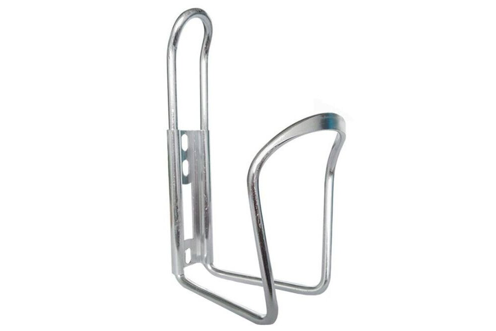 Koszyk na bidon EXTRALINK 14346 koszyk na białym tle widoczny od przodu pod skosem odporność na wstrząsy oraz czynniki atmosferyczne aluminiowa konstrukcja amortyzuje drgania minimalistyczny, srebrny design o wymiarach 150 x 75 x 100 mm