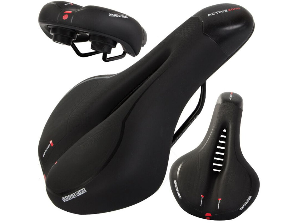 Siodełko EXTRALINK 14506 siodełko na białym tle widoczne w trzech ujęciach od przodu pod skosem od tyłu od spodu komfort wygoda bezpieczeństwo