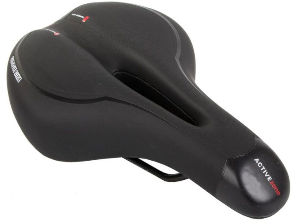 Siodełko EXTRALINK 14506 siodełko na białym tle widoczne od przodu pod skosem dla rowerów trekkingowych i miejskich odpowiednia szerokość 175–180 mm naturalne ułożenie ciała zmniejsza zmęczenie dla kobiet i mężczyzn