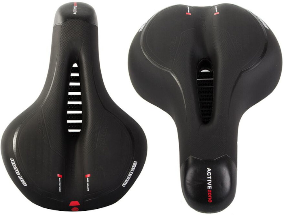 Siodełko EXTRALINK 14506 siodełko na białym tle widoczne z góry specjalnie zaprojektowane wkładki żelowe dopasowują się do ruchów użytkownika pochłaniając wstrząsy nacisk na newralgiczne punkty jest mniejszy poprawia wygodę komfort