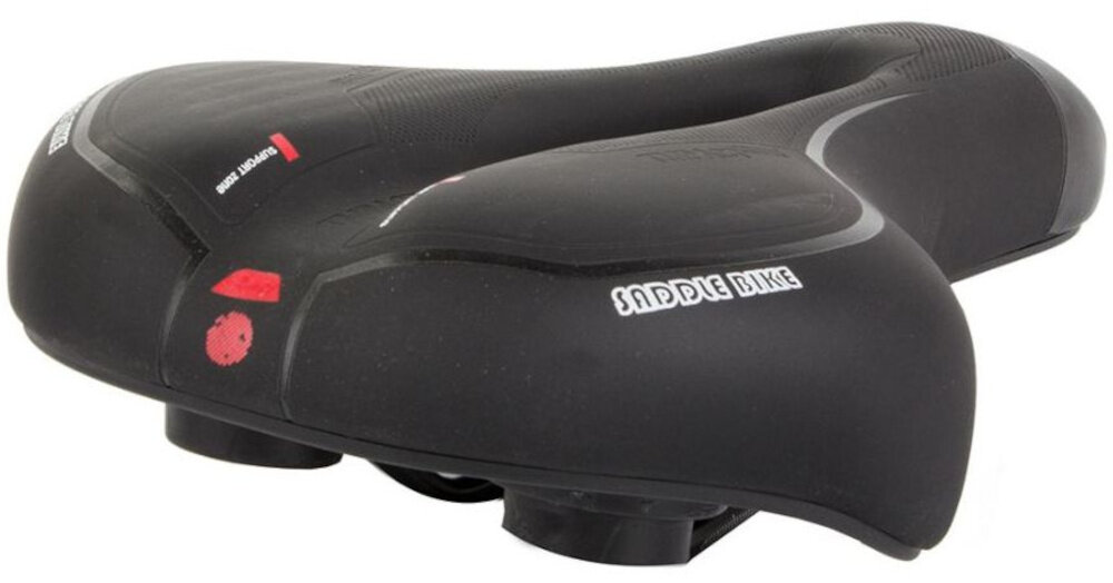 Siodełko EXTRALINK 14506 siodełko na białym tle widoczne od tyłu pod skosem centralny otwór anatomiczny wspiera prawidłowe ułożenie ciała pomaga ograniczyć nacisk we wrażliwych obszarach poprawia wentylację i zwiększa komfort codziennych dojazdów do pracy i weekendowych wycieczek