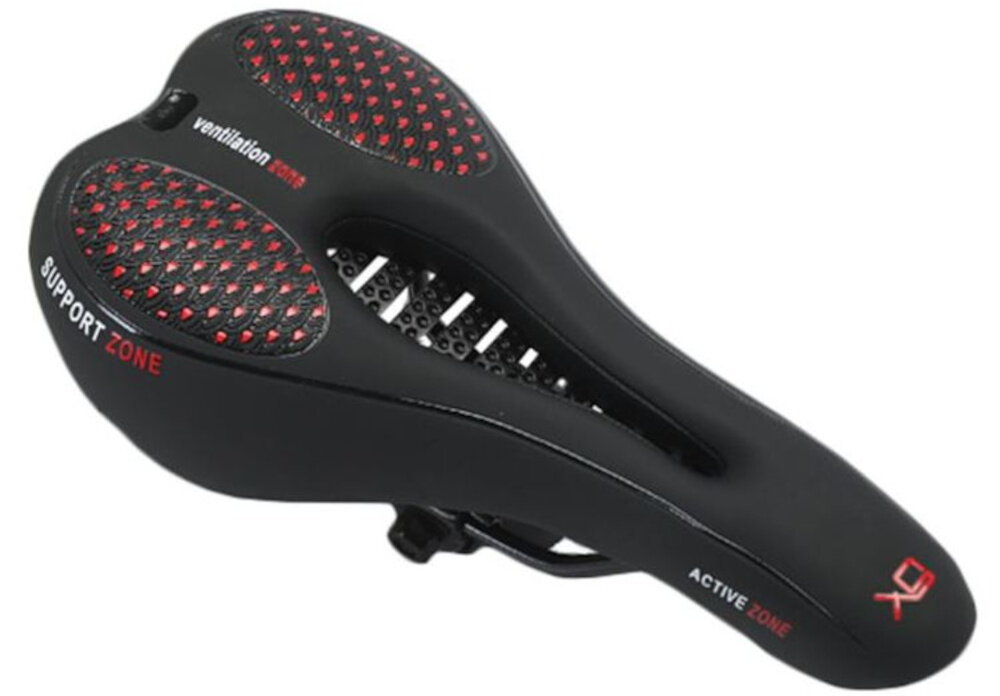 Siodełko EXTRALINK 14507 siodełko na białym tle widoczne od przodu pod skosem miękkie piankowe wypełnienie skutecznie absorbuje wstrząsy zmniejsza zmęczenie prawidłowa pozycja ciała