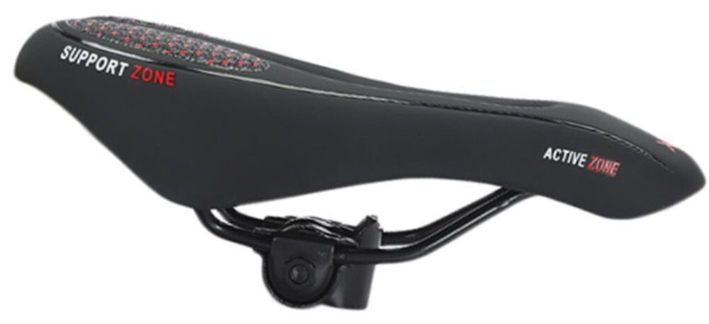 Siodełko EXTRALINK 14507 siodełko na białym tle widoczne z boku kształt siodełka jest anatomicznie dopasowany do sylwetki rowerzysty odpowiednie podparcie miednicy i ogranicza ucisk we wrażliwych obszarach wspiera poprawną postawę