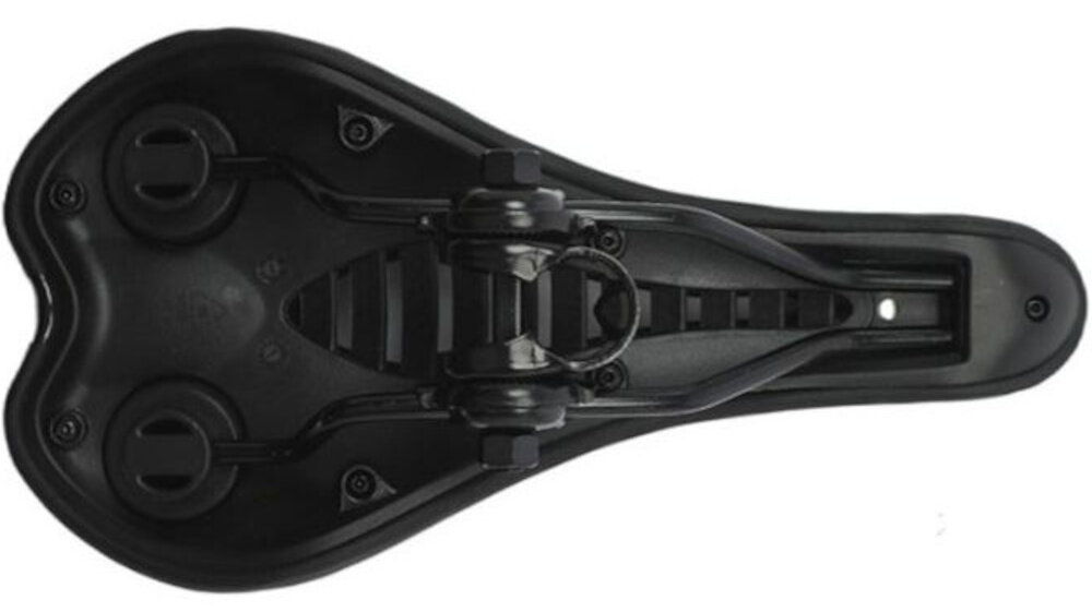 Siodełko EXTRALINK 14507 siodełko na białym tle widoczne od spodu z trwałego tworzywa odpornego na zmienne warunki atmosferyczne łatwy w utrzymaniu czystości i nie traci kształtu waga około 350 g stabilność roweru i nie obciąża konstrukcji w rowerach mtb gravel sportowych dla kobiet i mężczyzn