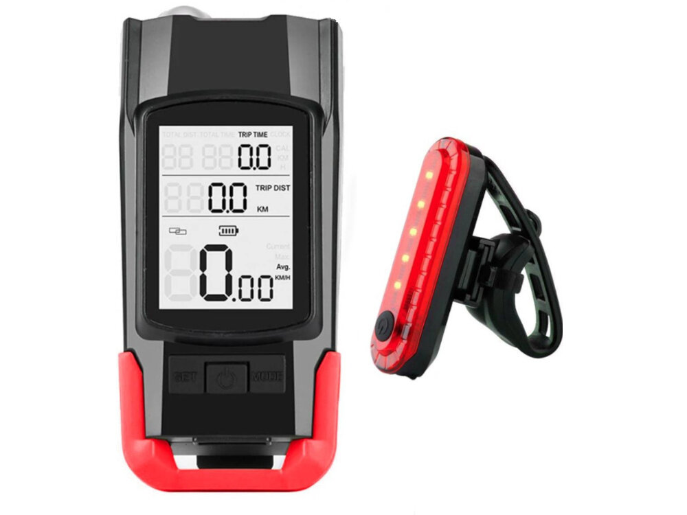 Zestaw lampek rowerowych EXTRALINK z licznikiem 14480 przednia i tylna lampka na białym tle łączy oświetlenie i kontrolę parametrów jazdy przednia lampka z wbudowanym licznikiem lampka tylna