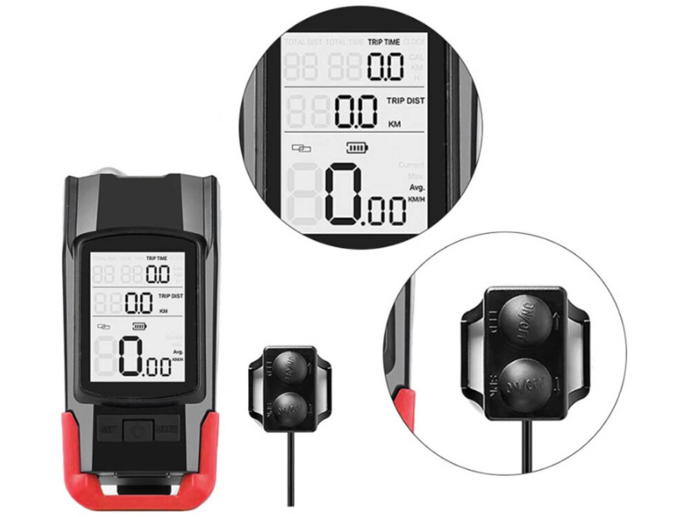 Zestaw lampek rowerowych EXTRALINK z licznikiem 14480 przednia lampka na białym tle zbliżenie na wyświetlacz licznika zintegrowany licznik rowerowy monitorowanie prędkości i pokonanego dystansu w czasie rzeczywistym ułatwia osiąganie celów sportowych