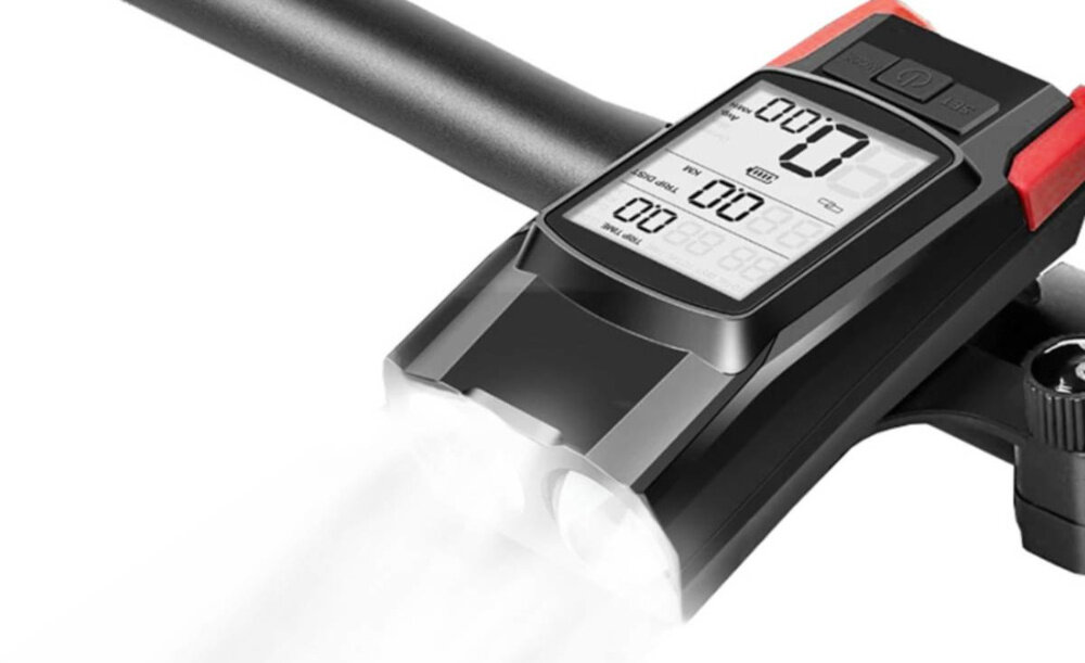 Zestaw lampek rowerowych EXTRALINK z licznikiem 14480 przednia lampka umieszczona na kierownicy rowerowej białe tło przednia lampka oferuje 4 tryby pracy lampka tylna, w tym tryb stroboskopowy bezpieczeństwo w ruchu