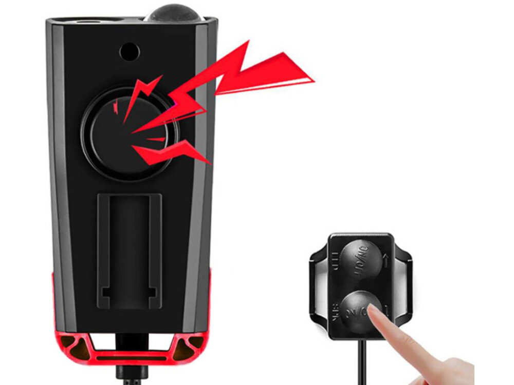 Zestaw lampek rowerowych EXTRALINK z licznikiem 14480 przednia lampka na białym tle obok osoba przyciska palcem kontroler licznika obudowa z tworzywa sztucznego odporna na wilgoć i deszcz chroni podzespoły przed uszkodzeniem odporność na codzienne użytkowanie oraz drgania