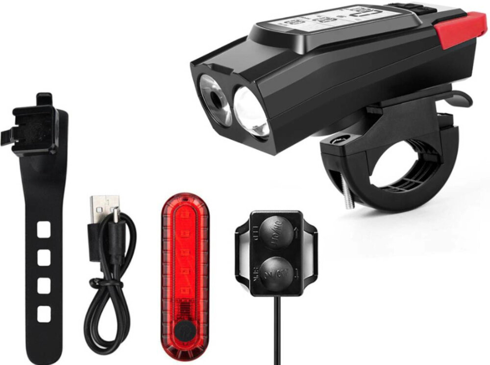 Zestaw lampek rowerowych EXTRALINK z licznikiem 14480 zestaw na białym tle