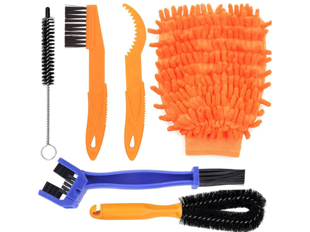 Zestaw do czyszczenia rowerów EXTRALINK 14548 zestaw na białym tle zestaw do czyszczenia roweru 7w1 napęd i rama roweru w dobrym stanie przez cały sezon ułatwia usuwanie błota, kurzu i osadów z kluczowych elementów komfort użytkowania poprawia bezpieczeństwo ogranicza koszty