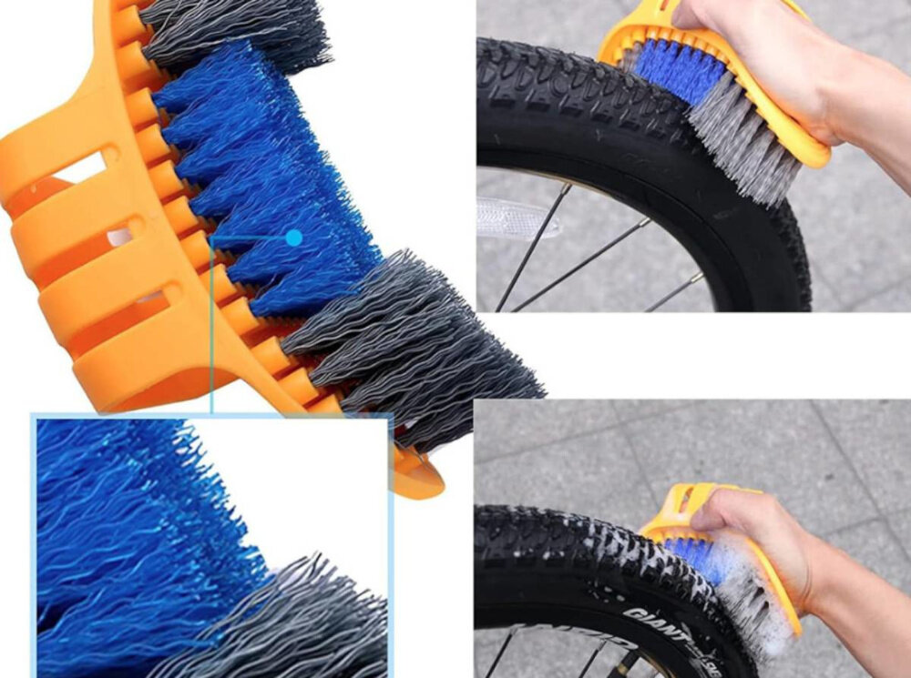 Zestaw do czyszczenia rowerów EXTRALINK 14548 kolaż zdjęć pokazujących osobą czyszczącą opony specjalna szczotka do opon skutecznie usuwa zabrudzenia z bieżnika oraz boków ogumienia twarde włosie czyste opony poprawiają przyczepność na asfalcie i w terenie trwałość i estetyczny wygląd całego jednośladu