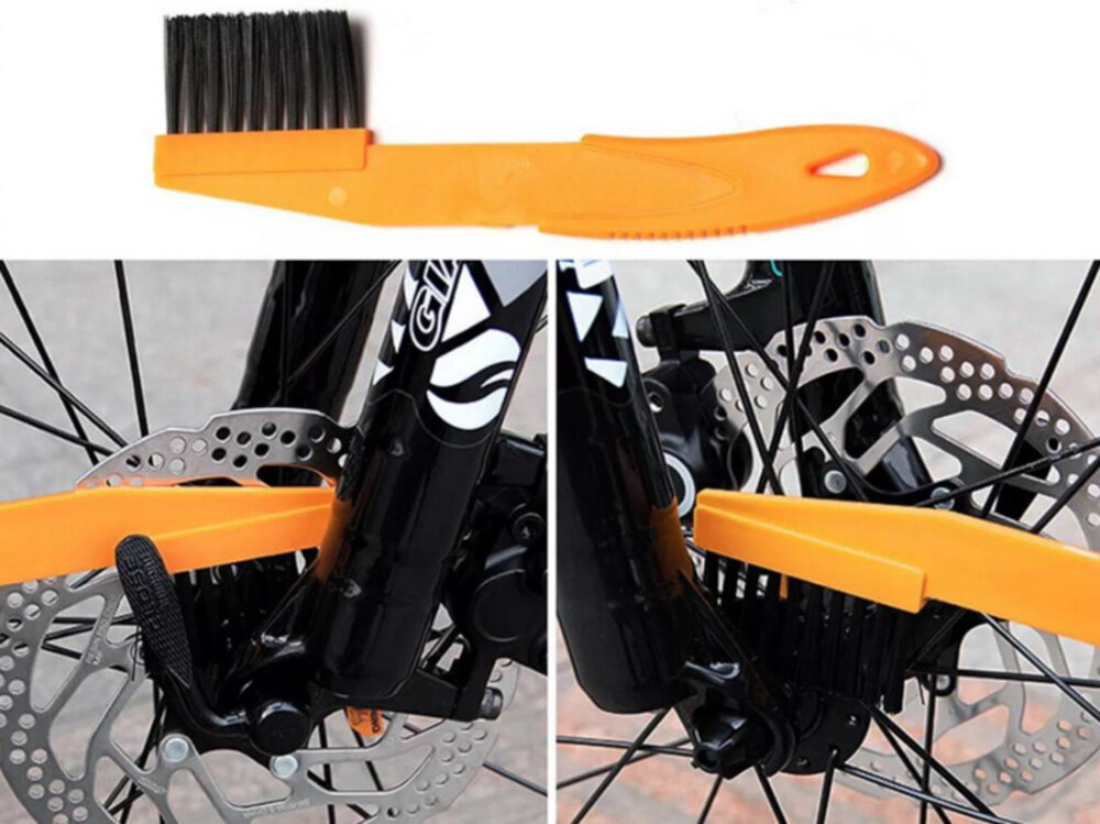 Zestaw do czyszczenia rowerów EXTRALINK 14548 kolaż zdjęć pokazujących osobą czyszczącą hamulce szczotka do łańcucha dokładne usunięcie smaru zmieszanego z kurzem i drobinami piasku zmniejsza tarcie płynniejszą zmianę biegów i cichszą pracę roweru