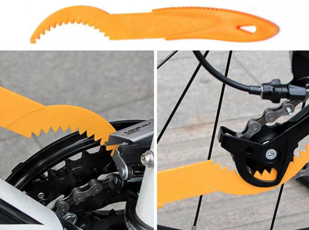 Zestaw do czyszczenia rowerów EXTRALINK 14548 kolaż zdjęć pokazujących osobą czyszczącą kasetę haczyk do czyszczenia kaset i wolnobiegów ułatwia usuwanie zbitego brudu spomiędzy zębatek bardziej efektywne pedałowanie mniejsze zużycie elementów mechanicznych