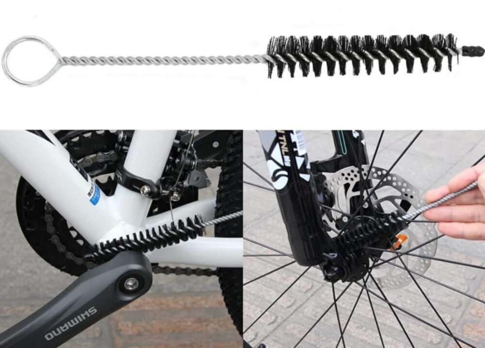 Zestaw do czyszczenia rowerów EXTRALINK 14548 kolaż zdjęć pokazujących osobą czyszczącą przestrzenie w rowerze wąska szczotka szczelinowa przerzutki, hamulce czy okolice suportu smukła konstrukcja precyzja działania mechanizmów bezpieczeństwo jazdy