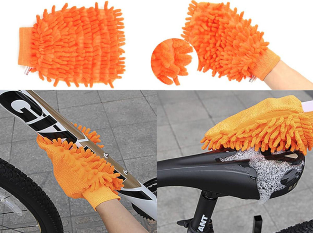 Zestaw do czyszczenia rowerów EXTRALINK 14548 kolaż zdjęć pokazujących osobą czyszczącą ramę i siodełko rękawica z mikrofibry dokładne mycie i osuszanie powierzchni ramy oraz komponentów miękki materiał skutecznie zbiera kurz i resztki wody