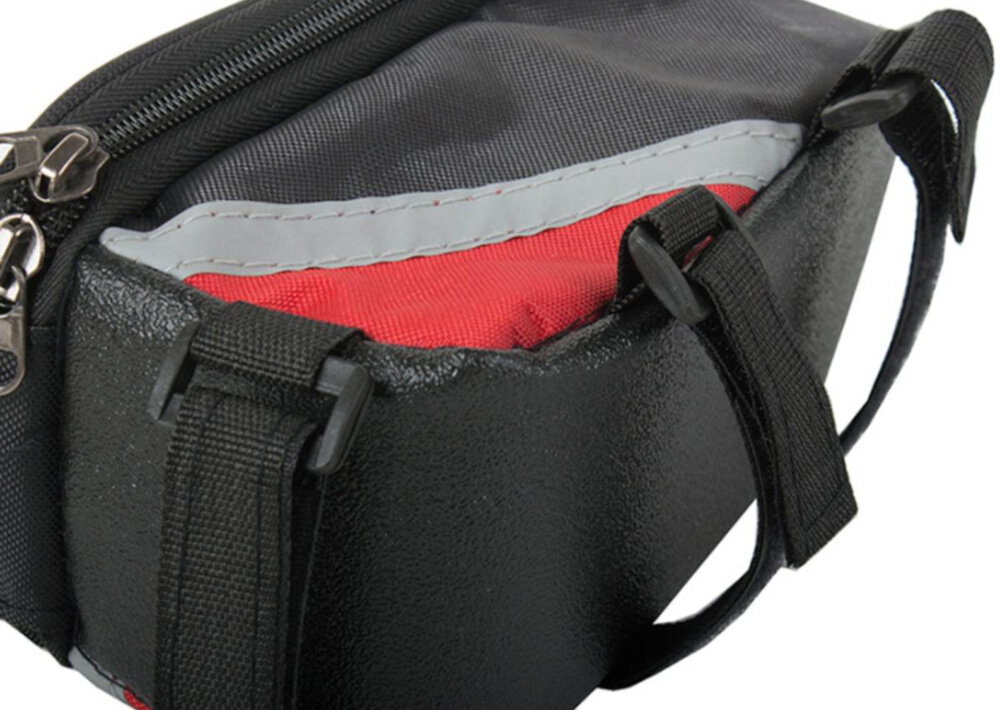 Torba rowerowa na ramę EXTRALINK 14336 torba na białym tle zbliżenie na rzepy ułatwia przewożenie niezbędnych przedmiotów porządek wszystko pod ręką montaż za pomocą rzepów