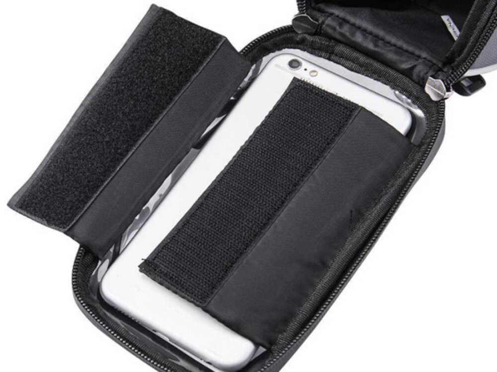 Torba rowerowa na ramę EXTRALINK 14336 otwarta torba na białym tle wewnątrz telefon wodoodporny trwały materiał chroni zawartość torby przed deszczem przewożone przedmioty pozostają bezpieczne