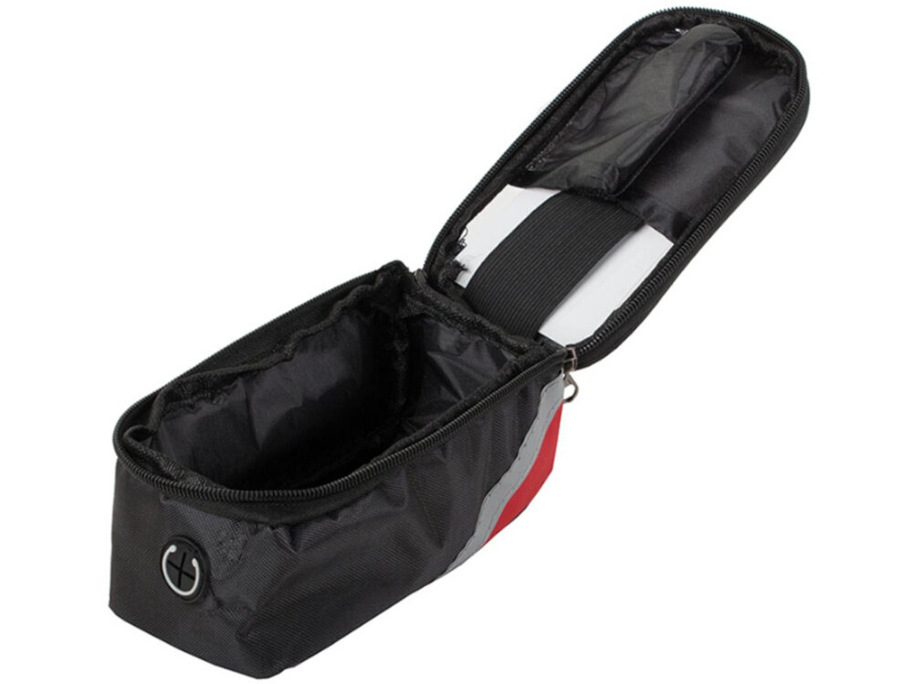 Torba rowerowa na ramę EXTRALINK 14336 otwarta torba na białym tle jedną główna przegroda boczna kieszonka utrzymanie porządku umożliwiają szybki dostęp do najważniejszych rzeczy podwójny zamek błyskawiczny przezroczysty przód